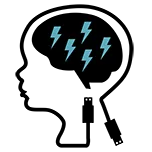 Silhouette of a child’s head with a brain depicted inside, filled with blue lightning bolts and a USB cable extending from the neck, symbolizing technology and brain activity.