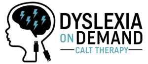 Logo with a silhouette of a head containing blue lightning bolts and a USB cord, next to the text: Dyslexia on Demand CALT Therapy. The words ON DEMAND and CALT THERAPY are highlighted in blue.