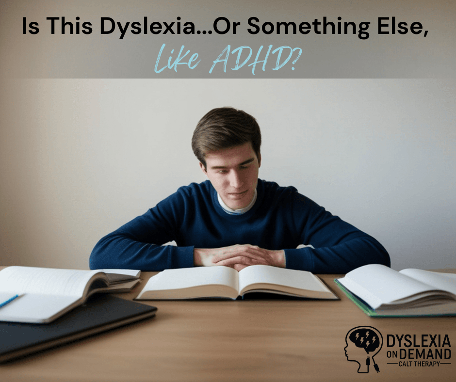 A young man sits at a desk with open books, looking down with a serious expression. Text above asks, “Is It Dyslexia Or Something Else Like ADHD?” The Dyslexia on Demand logo appears in the bottom right corner.