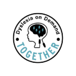 Circular logo with the text “Dyslexia on Demand TOGETHER.” Inside, a silhouette of a child’s head has blue lightning bolts in the brain area and a plug at the neck, symbolizing connection and energy.