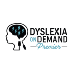 Logo with a silhouette of a head containing lightning bolts and a USB plug, next to the text “Dyslexia On Demand Premier” in black and blue lettering on a white background.