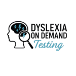 Outline of a human head with lightning bolts in the brain area, a magnifying glass over the head, and the words Dyslexia On Demand Testing beside it. Testing is written in light blue script.