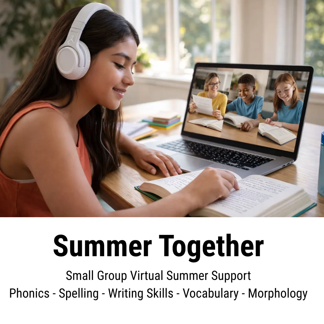 A girl wearing headphones studies from a book at a desk while participating in a virtual class with two other children on her laptop. Text below reads: “Summer Together. Small Group Virtual Summer Support. Phonics - Spelling - Writing Skills - Vocabulary - Morphology.”.