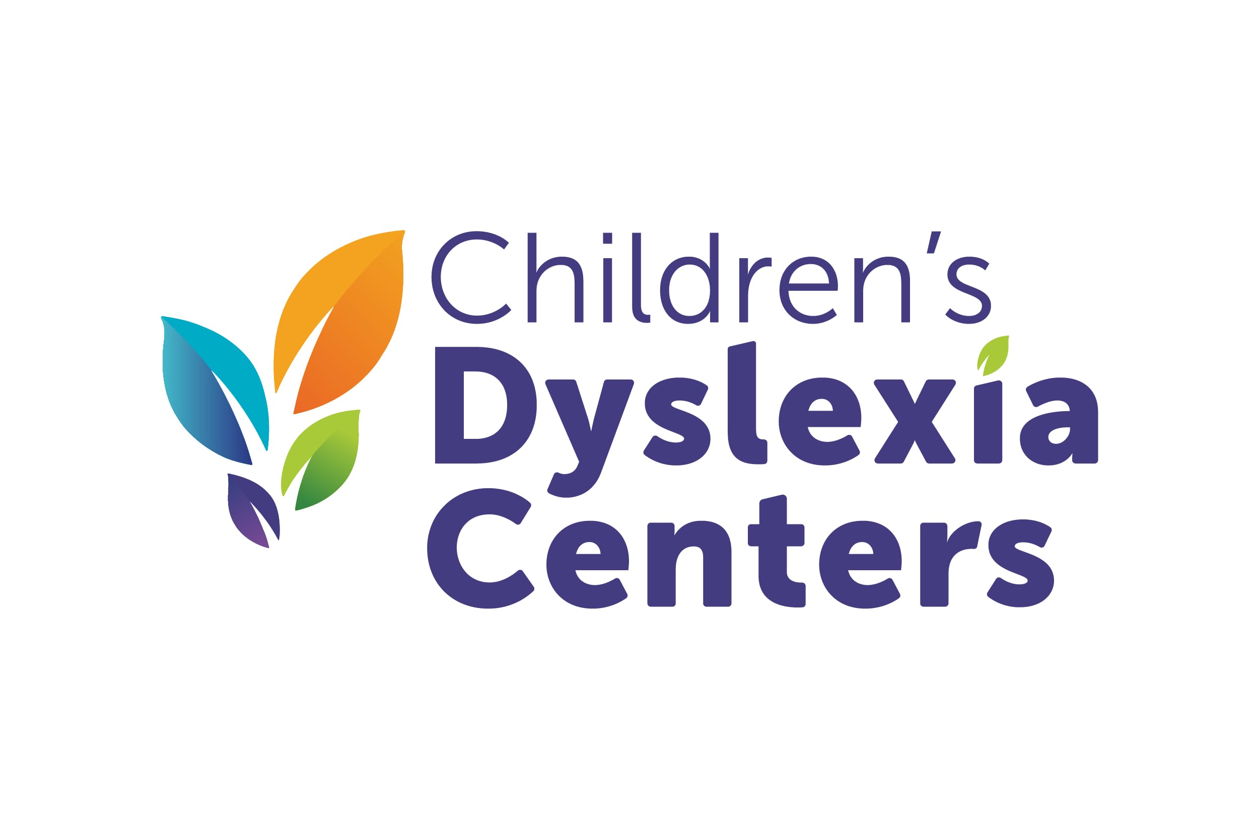 Logo for Childrens Dyslexia Centers featuring colorful, stylized leaves in blue, orange, and green next to the organizations name in bold purple and blue letters on a white background.
