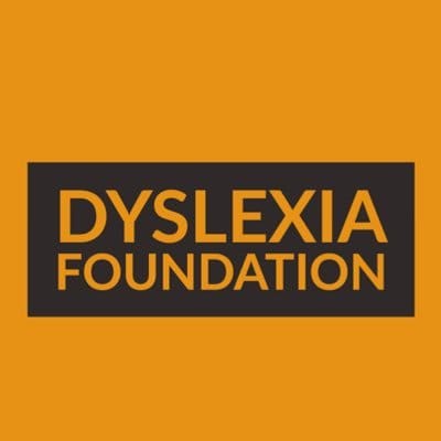 Logo of the Dyslexia Foundation with bold orange text on a black rectangle, set against an orange background.