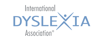 Logo for the International Dyslexia Association, with “DYSLEXIA” in large blue letters and “International” above and “Association” below in smaller gray text.