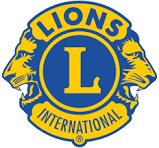 Lions Clubs International logo featuring two gold lion profiles facing opposite directions on a blue and yellow circular background, with a large L in the center and the words Lions International.