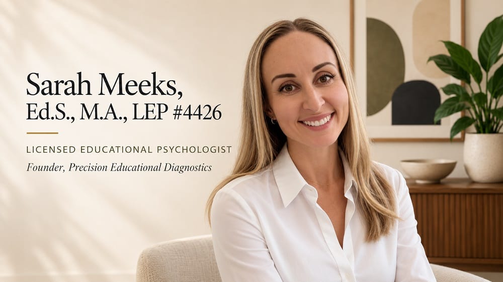 Sarah Meeks, Ed.S., M.A., LEP #4426, Licensed Educational Psychologist, Founder, Precision Educational Diagnostics.